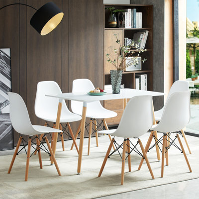 Ensemble de table de salle à manger avec 1 table rectangulaire et 6 chaises, blanc