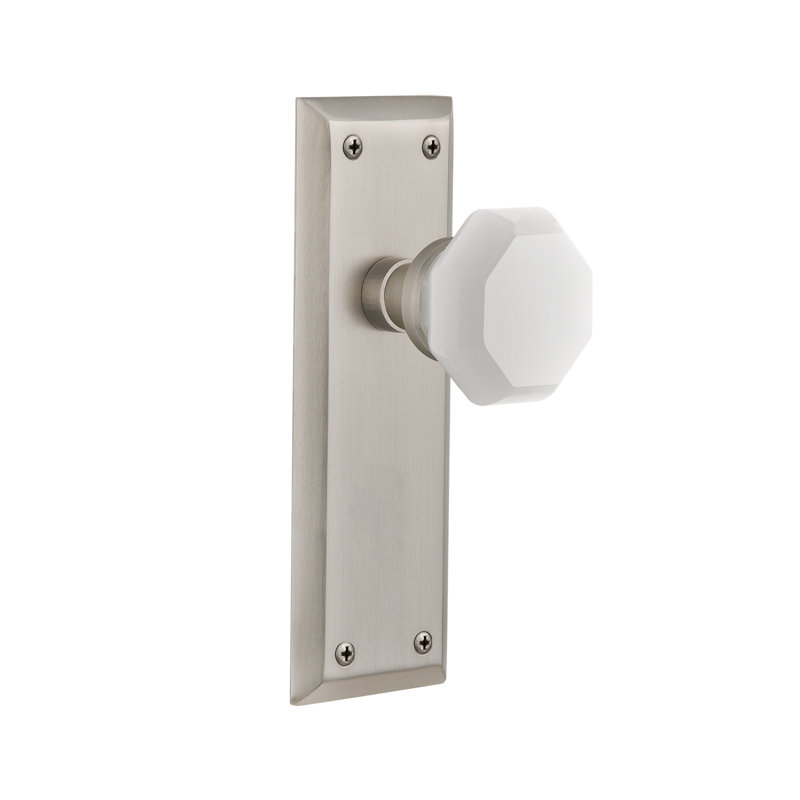 New York Plate with Waldorf White Milk Knob, Satin Nickel