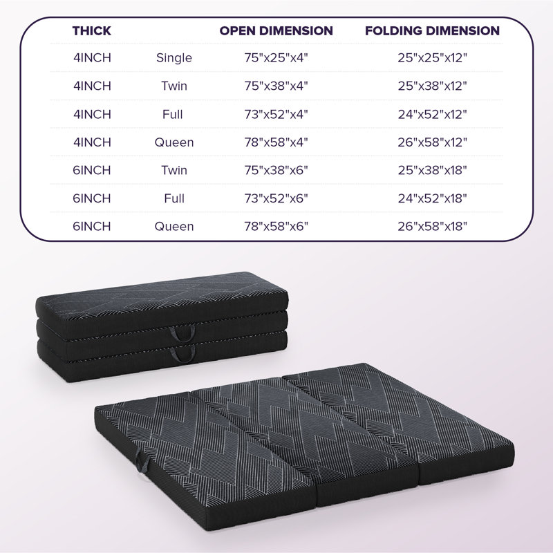 Tri-Fold 6 po matelas en mousse à mémoire de forme, matelas pliant portable avec housse lavable pour lit escamotable