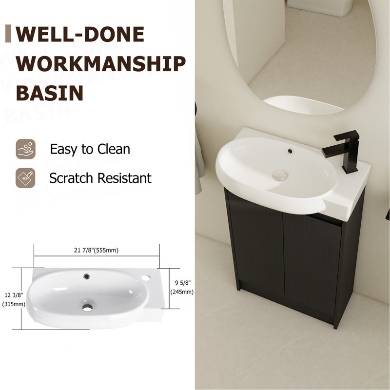 Meuble-lavabo autoportant de 23 po avec lavabo et support de rangement, portes à fermeture douce, Black Chestnut,Glossy White