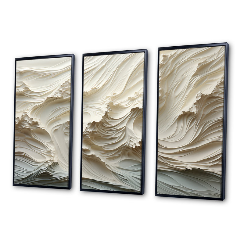 «White and Blue Wave Papercut Style II - Coastal Waves», ensemble d'art mural, Cadre flottant noir