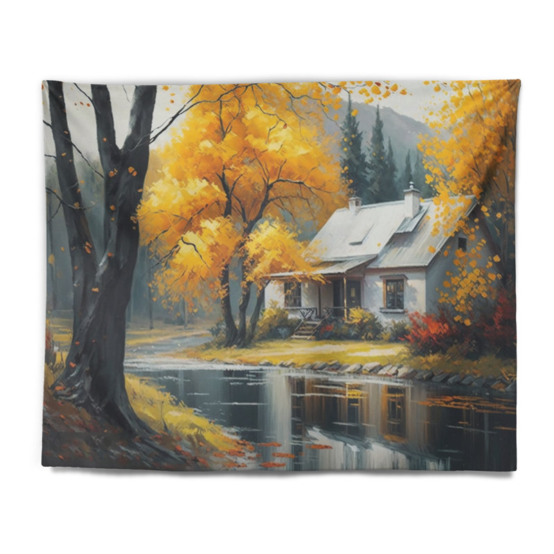 Cabane en polyester dans les bois en tapisserie d'automne, H 50 po x l 60 po