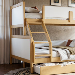 Lit superposé simple au-dessus d'un lit double convertible avec tiroirs de rangement, lit superposé bas en bois de pin et lit superposé divisé pour enfants, adolescents, filles, chambres partagées, blanc et naturel