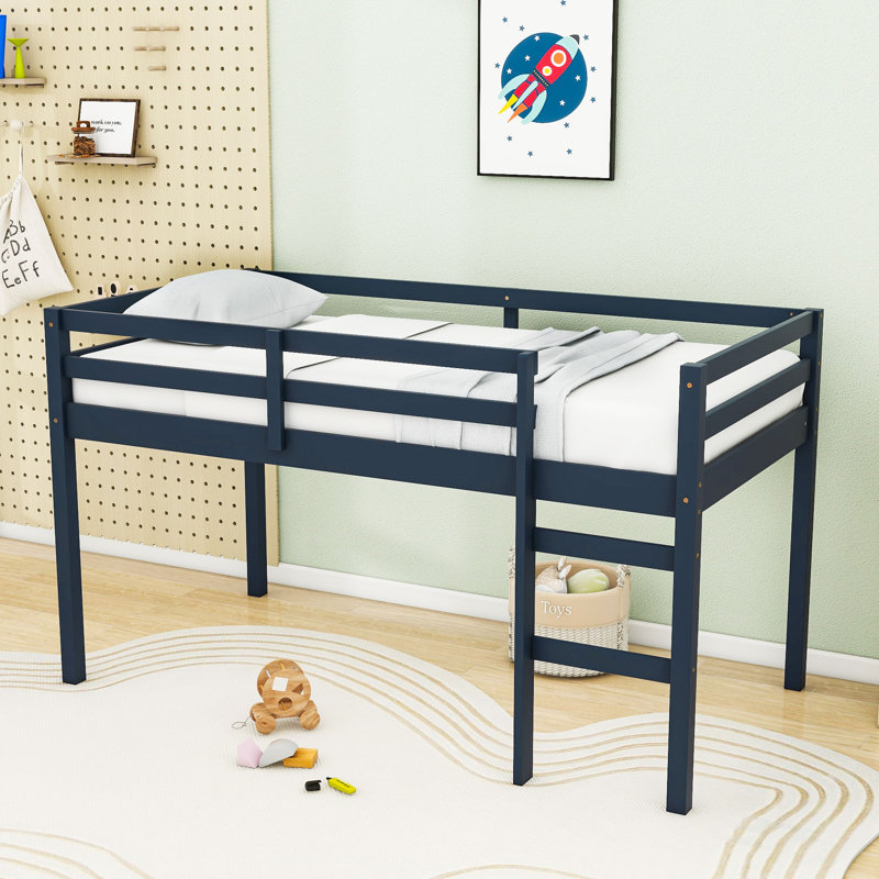 Twin Wood Low Loft Bed With Ladder And Guardrails, Black