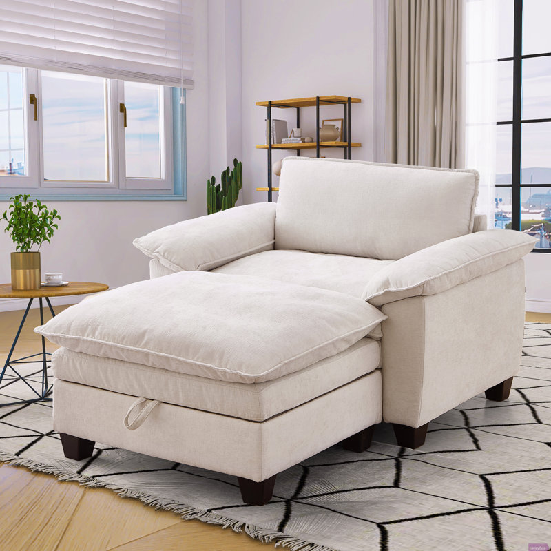 Méridienne surdimensionnée de 51 po avec repose-pieds et rangement en chenille douce beige, Beige