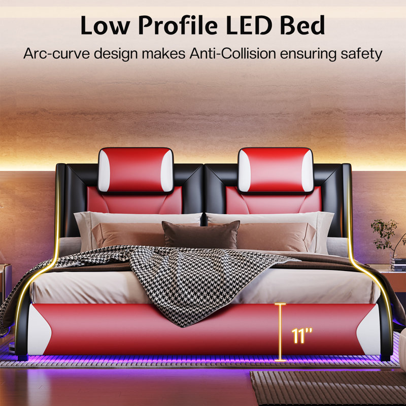 Full Black Faux Leather Platform Bed with LED Lighted Headboard