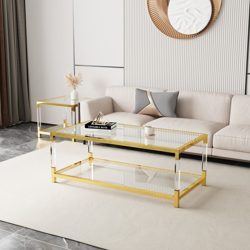 Modern Gold Glass Coffee Table with Acrylic Legs and Storage