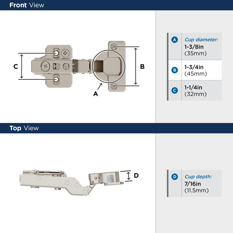 Nickel Finish Adjustable Frameless Cabinet Hinges - 2 Pack