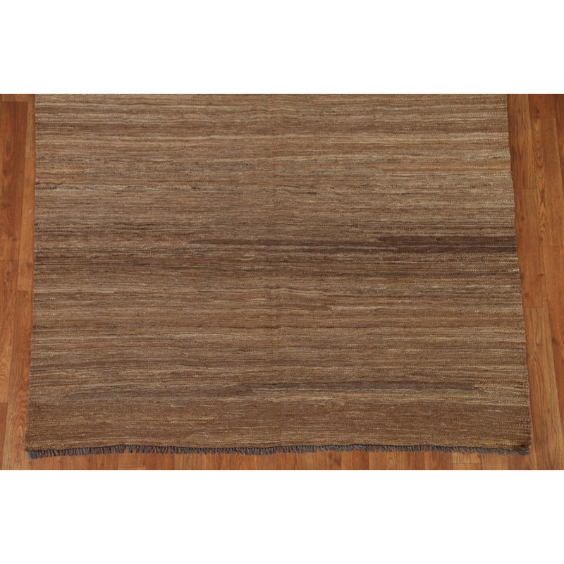Tapis brun rayé en laine tissé à plat à la main et rectangulaire à plat 5 pi 1 po x 6 pi 3 po
