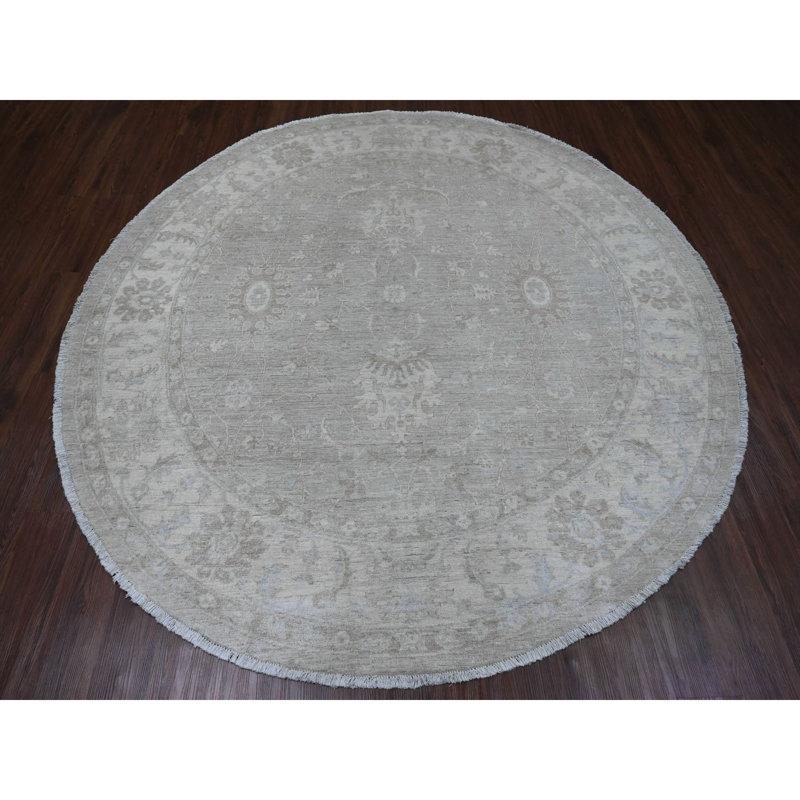Tapis oriental rond 8 pi x 8 pi gris délavé avec motif Ziegler Mahal délavé avec motif intégral, noué à la main, 100% laine