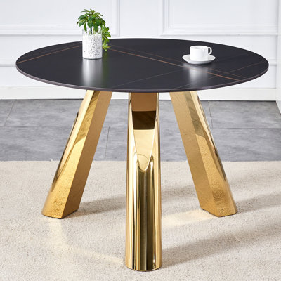 Table luxueuse en pierre frittée de 42 po: plateau durable de 0,45 po + pieds en acier de 6 po, capacité de 350 lb, surface veinée noire résistante aux taches et à la chaleur - Design minimaliste moderne