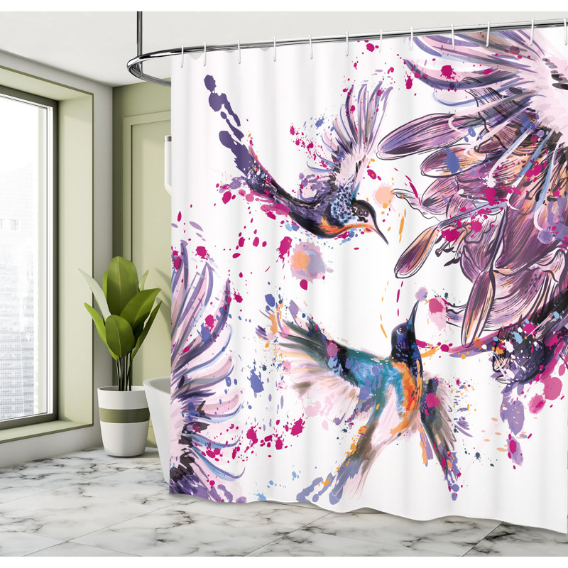 Ensemble de rideau de douche et crochets Hummingbird, H 70 po x l 69 po, Pêche, mauve