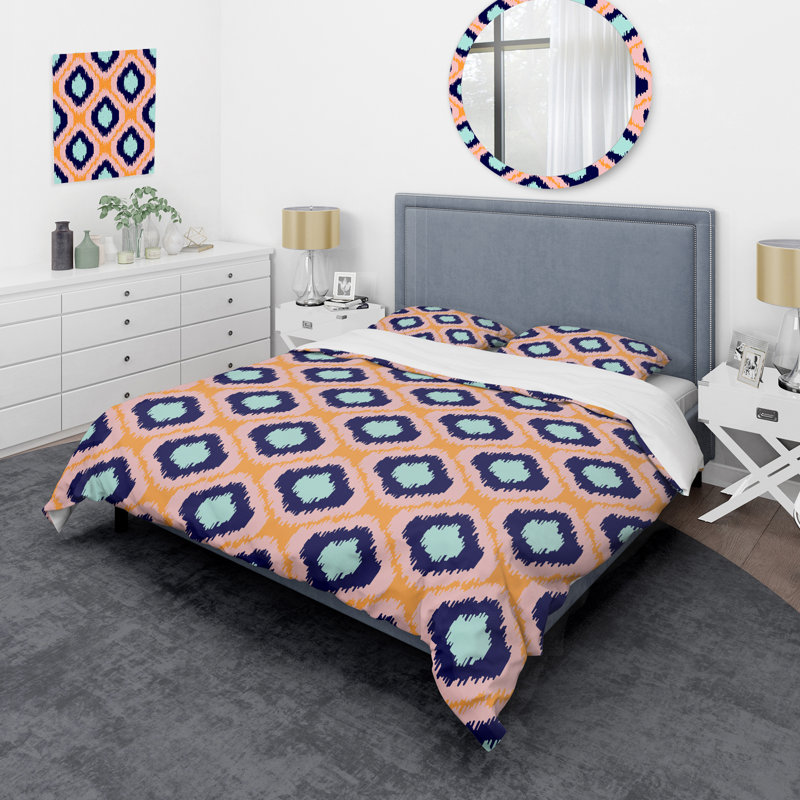 Blue Ikat Ogee - Ensemble de housse de couette abstrait - Microfibre de polyester