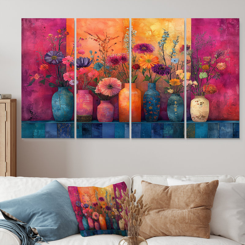Fleurs roses et oranges, papier, ensemble de reproductions d'art mural, H 28 po x l 48 po