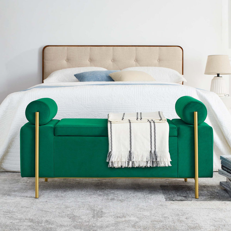 Elegant Upholstered  Storage Bench with Cylindrical Arms and Iron Legs for Hallway Living Room Bedroom, Green