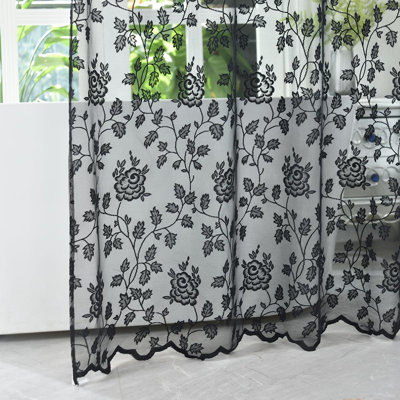 Lace Shower Curtain With Attached Valance, Rustic Vintage Floral Sheer Curtain 72 Inch Length For Bathroom, 1 Panel, Black