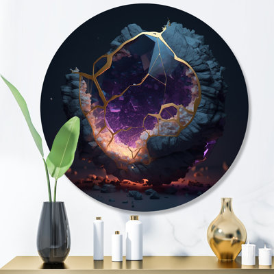 «Exploration des profondeurs de la géode dorée rose I», art mural rond en marbre abstrait