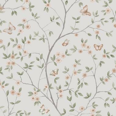 Delicate Floral Trail Pink/Green on White Matte Finish Non-Woven