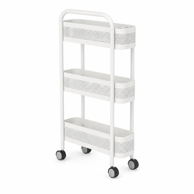 Chariot de rangement roulant blanc à 3 niveaux, étagère mince en métal de 15 cm avec roulettes verrouillables pour la cuisine, la salle de bain et le garde-manger