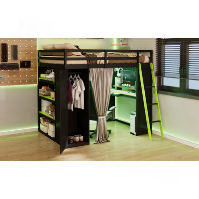 Lit mezzanine en bois pleine grandeur avec garde-robe, tablettes, rideaux occultants et lumières RVB, noir et vert