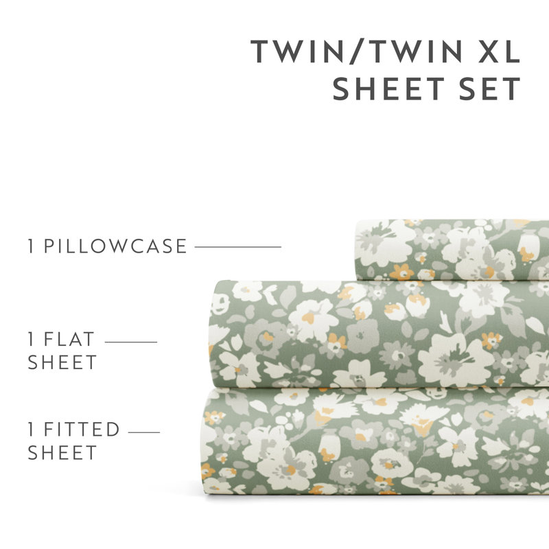 Green Floral Microfiber Full Sheet Set