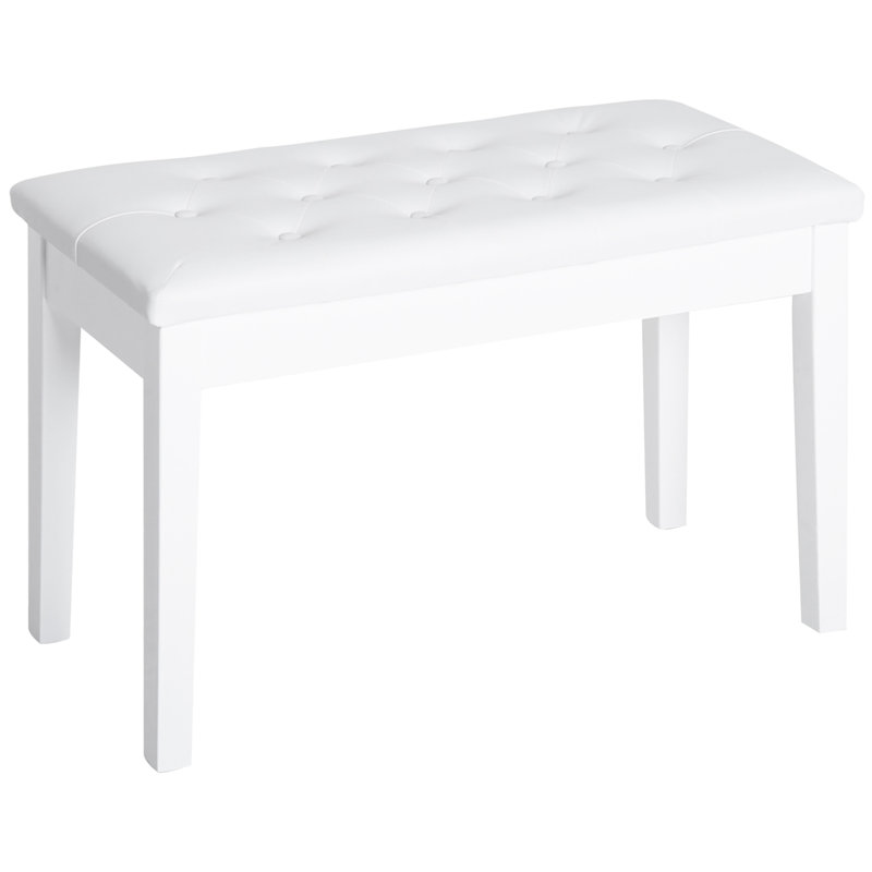 Piano Bench In White, Faux Leather Padded And Wooden Framed For Duets Use Performances Featuring Cushion Solid Frame