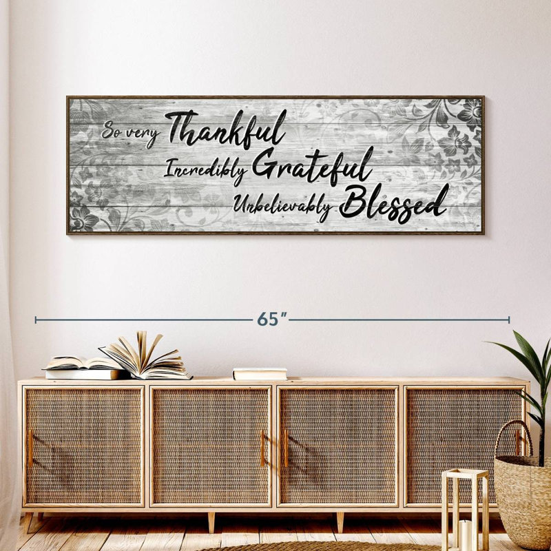 Plaque murale «Thankful Grateful Blessed IV», 57 po x 19 po, Cadre flottant noyer