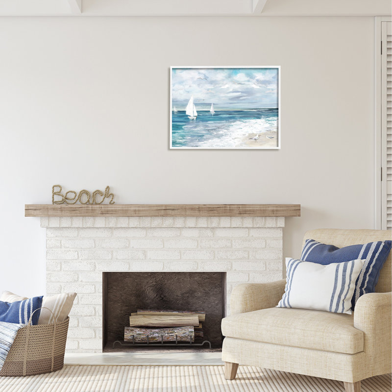Bb-361, "encadré sur le paysage aquatique" par Carson Lyons, peinture sur toile, Giclée encadrée blanc bord de mer