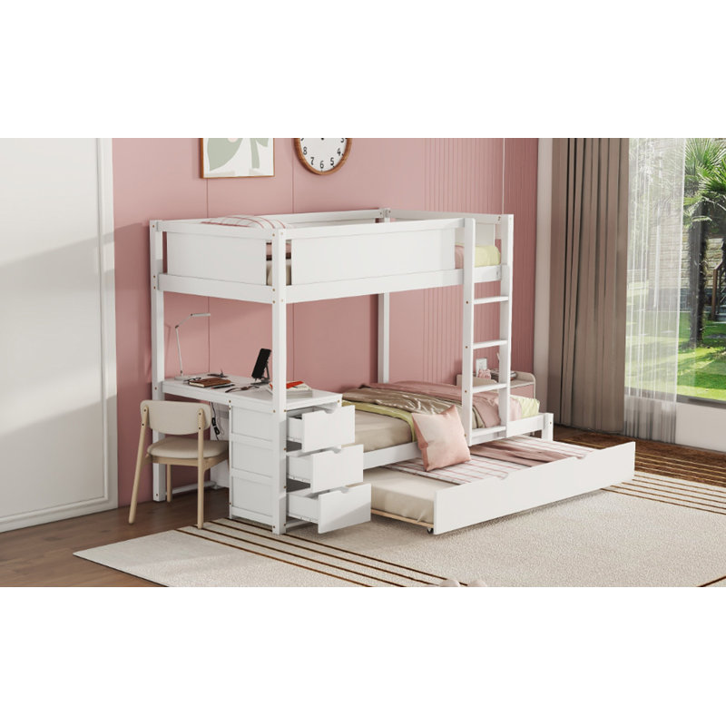 Lit superposé simple au-dessus de simple avec lit gigogne simple, rangement et bureau, Simple sur simple, Blanc