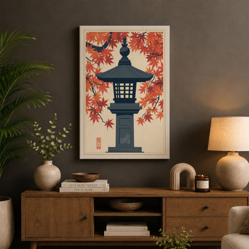Autumn Stone Lantern Japandi - Wrapped Canvas, 36x24 - 91.4 x 61.0 cm, Cream Border