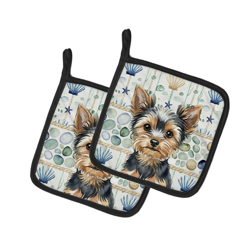 Paire de poignées en verre noir et brun clair Yorkshire Terrier
