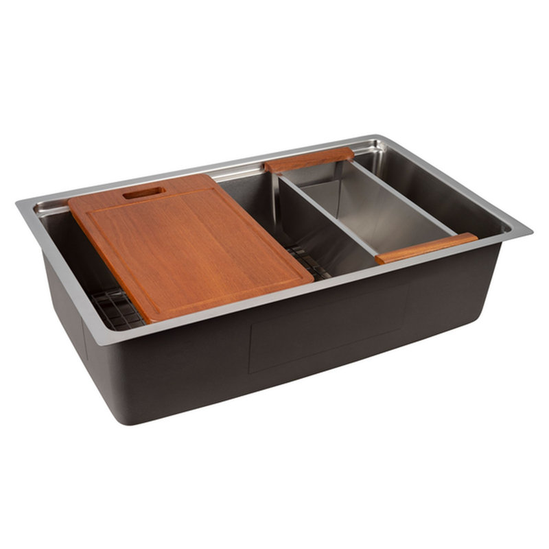 Mia 32" Stainless Steel Workstation Sink, Includes Rolling Mat, Sink Grid, Colander, Cutting Board, and Basket Strainer