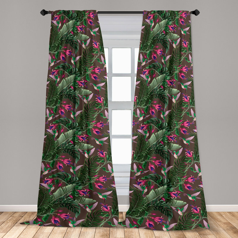 Tropical Floral Navy Blue and Olive Green Sheer Curtain Panels
