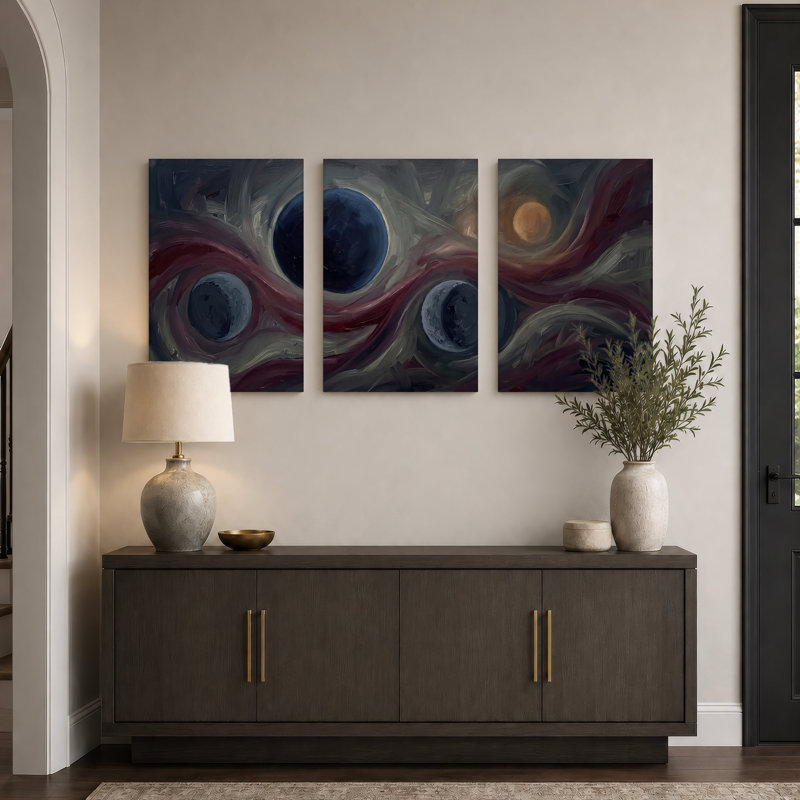 Abstrait planètes abstraites dans des tons rouges et bleus tourbillonnants, ensemble de 3 toiles