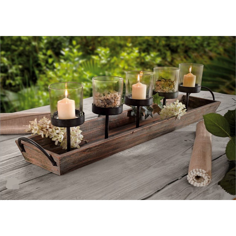 5-Pillar Candelabra Centerpiece with Glass Cups and Rustic Wood Tray