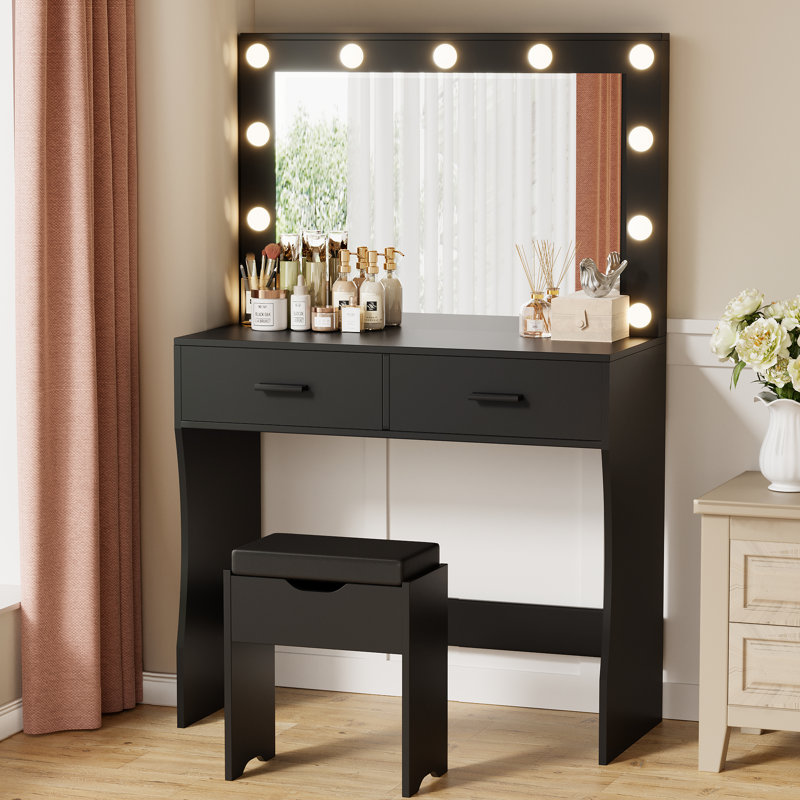 Ensemble coiffeuse avec tabouret et miroir Justan, Noir