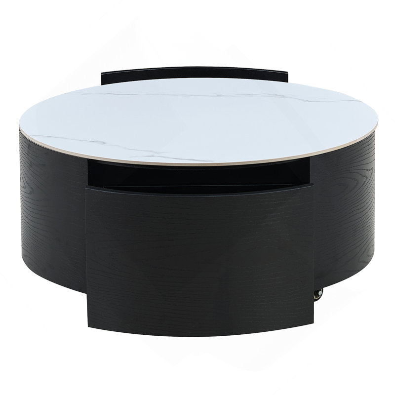 Table basse ronde moderne et fonctionnelle avec mobilité, tiroirs de rangement et plateau en pierre frittée durable pour des espaces de vie polyvalents