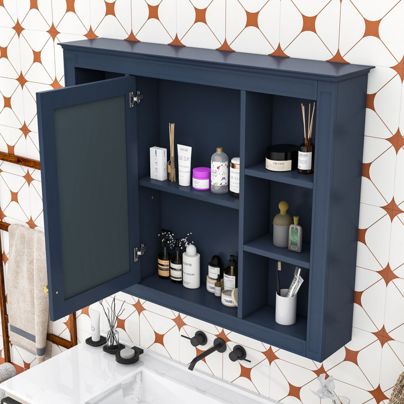 Elegant Wall-Mounted Mirror Cabinet with Concealed Storage, Blue