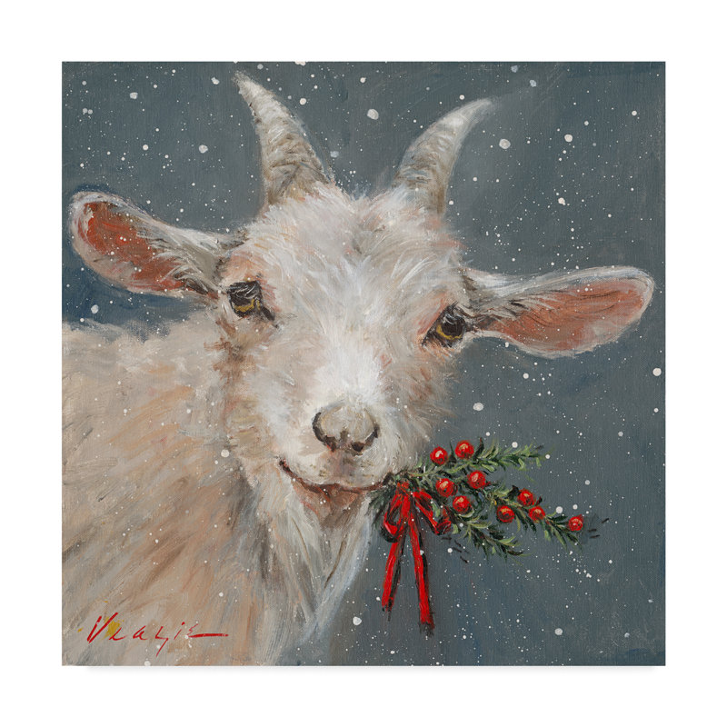Wrapped Canvas Wall Art - Mary Miller Veazie 'Goat With Holly' Wall Art for Living Room, Bedroom, or Office Décor - 14x14