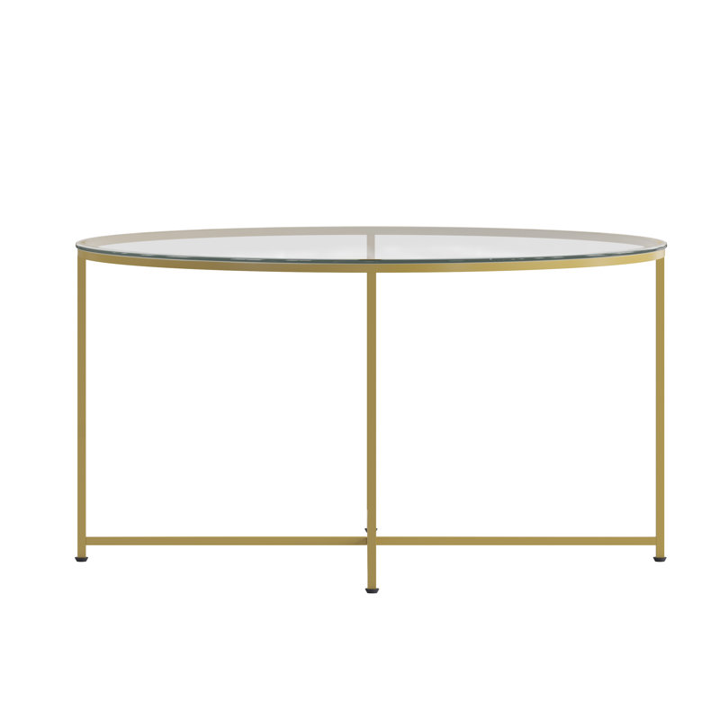 Modern Laminate Coffee Table with Crisscross Frame, Matte Gold, Clear