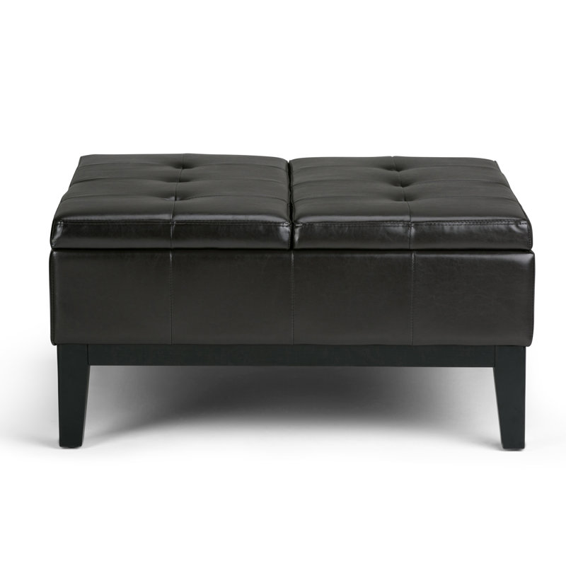 Dover 36"W Upholstered Vegan Leather Contemporary Square Coffee Table Storage Ottoman with Split Lift-Top, Tanners Brown