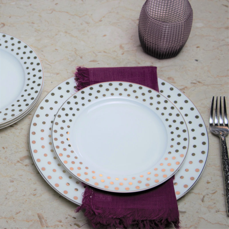 Assiette plate en porcelaine à pois 11 po, ensemble de 4