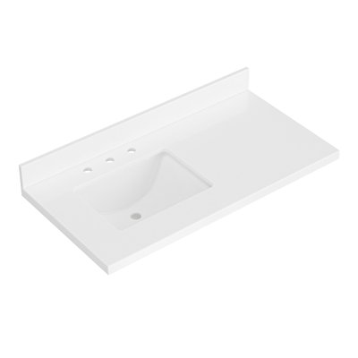 Comptoir de meuble-lavabo en quartz blanc pur 43 po Ariel avec rebord à onglet de 1,5 po d'épaisseur avec lavabo simple rectangulaire et dosseret inclus