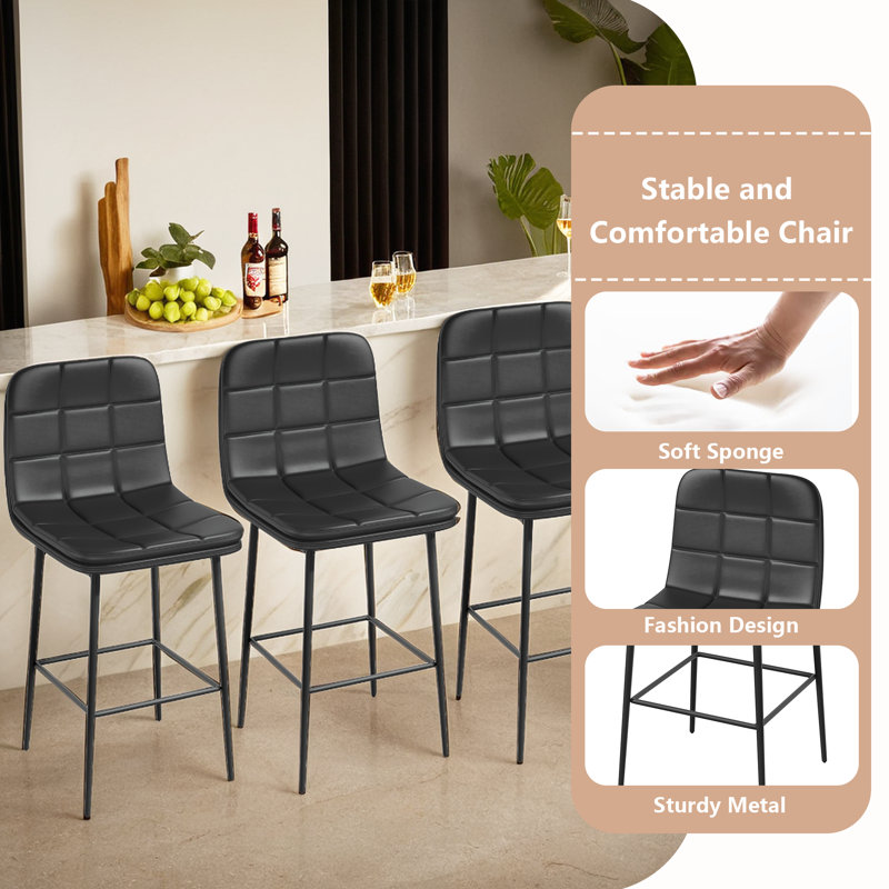 Modern PU Double Cushion Bar Stools With Metal Frames(Set of 8), Black