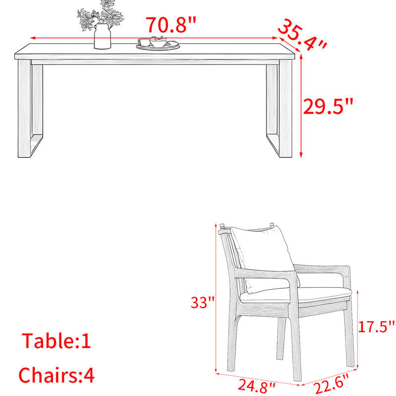 Ensemble de table à manger en bois massif de style nordique., H 29,5 po x L 70,8 po x l 35,4 po