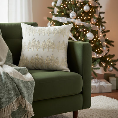 Coussin décoratif 18 "en coton ivoire et argenté avec arbres de Noël brodés