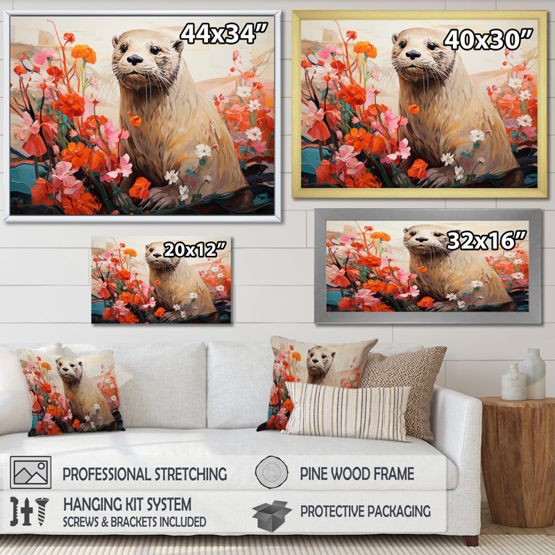 Loutre ludique en fleurs II - art de la loutre, H 30 po x l 40 po x P 1,5 po, Cadre d'angle fermé noir