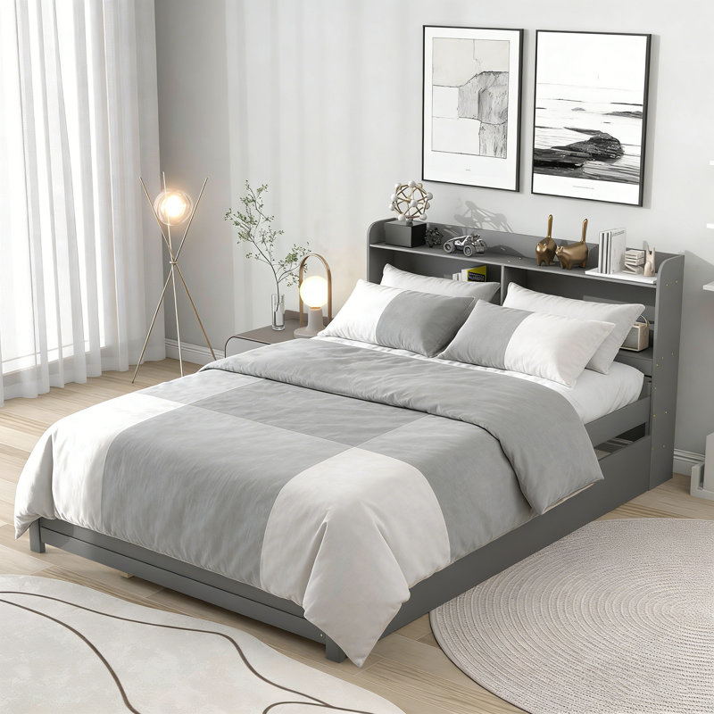 Full Size Bed With Trundle & Bookcase Headboard, Espresso, Gray