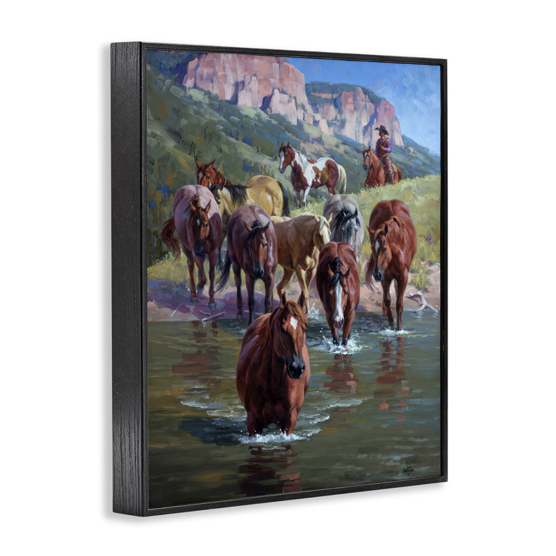 Cowboy menant des chevaux dans la rivière, estampe numérique, conception par Jack Sorenson, H 20 po x l 16 po
