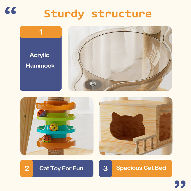 Tour à chat 59 po moderne, tour à chat en bois pour chats d'intérieur, arbre à chat avec poteaux à griffes recouverts de sisal et perchoir supérieur, maisonnette pour chat avec hamac en acrylique pour petits chats